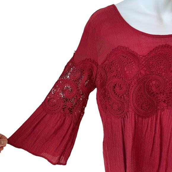 Rust Red Emroidered Womens Boho Blouse Small Gauze Lace Bell Sleeve Fairy Grunge - Picture 3 of 16